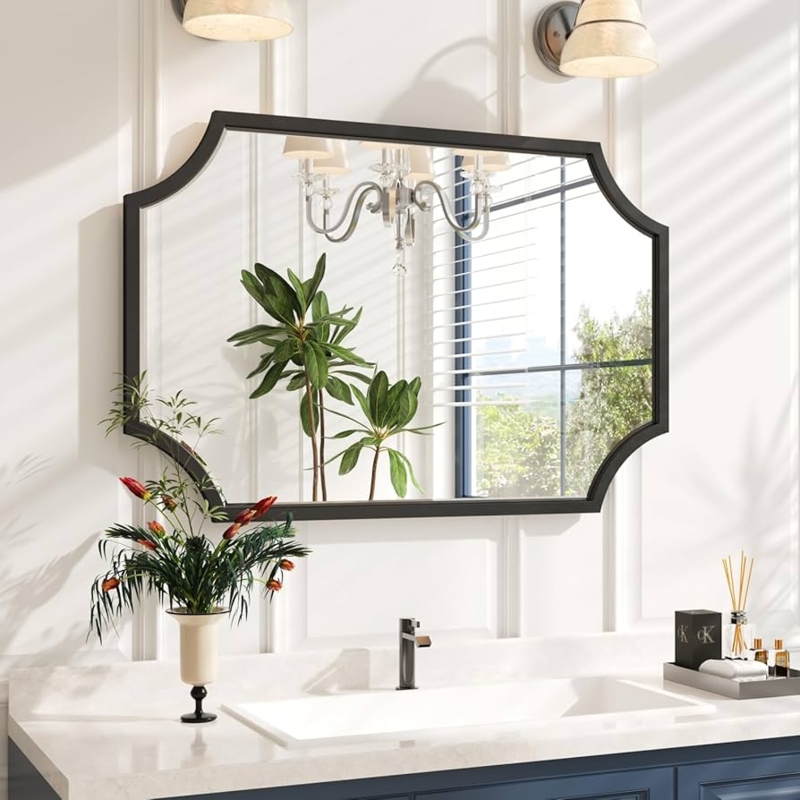 Wall Mirror Decorative Scalloped Edge Thin Black Frame Transitional