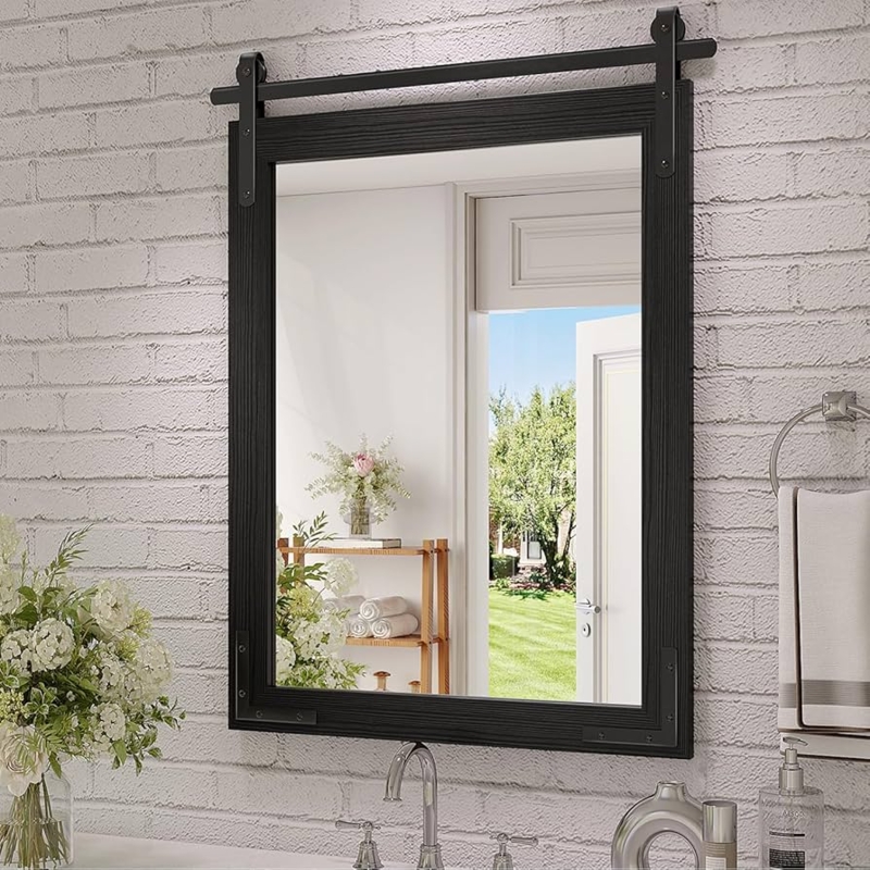 Wall Mirror Distressed Black Frame Visible Wood Grain Bathroom Decor