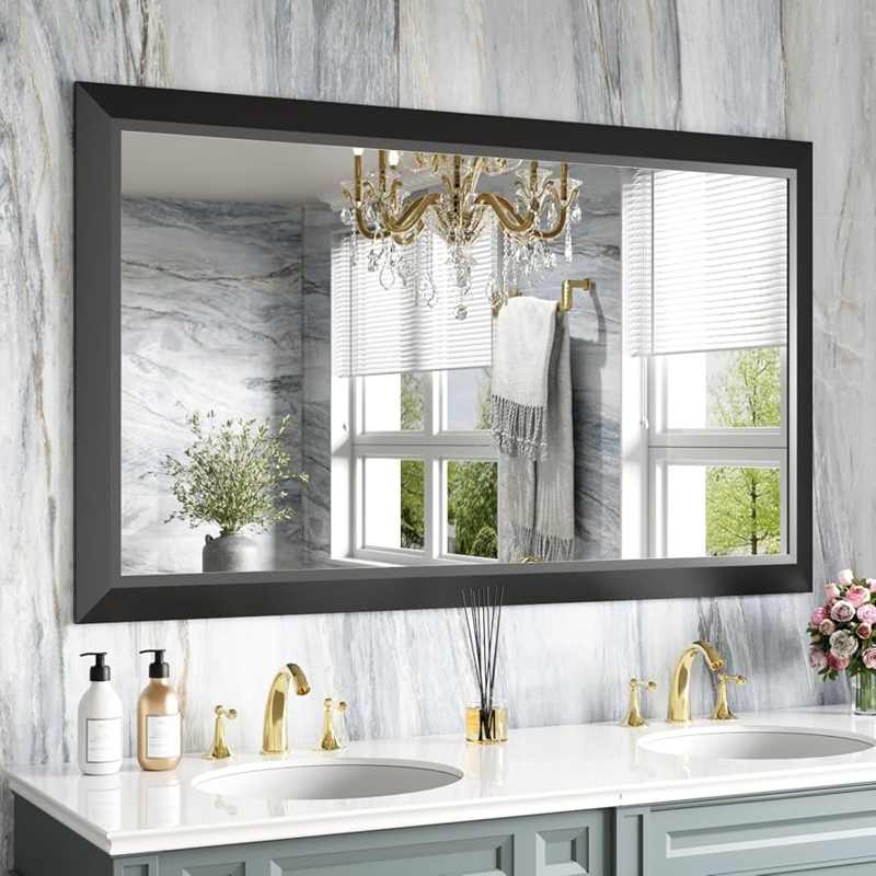 Wall Mirror Extra Wide Black Metal Frame Sleek Double Sink Layout