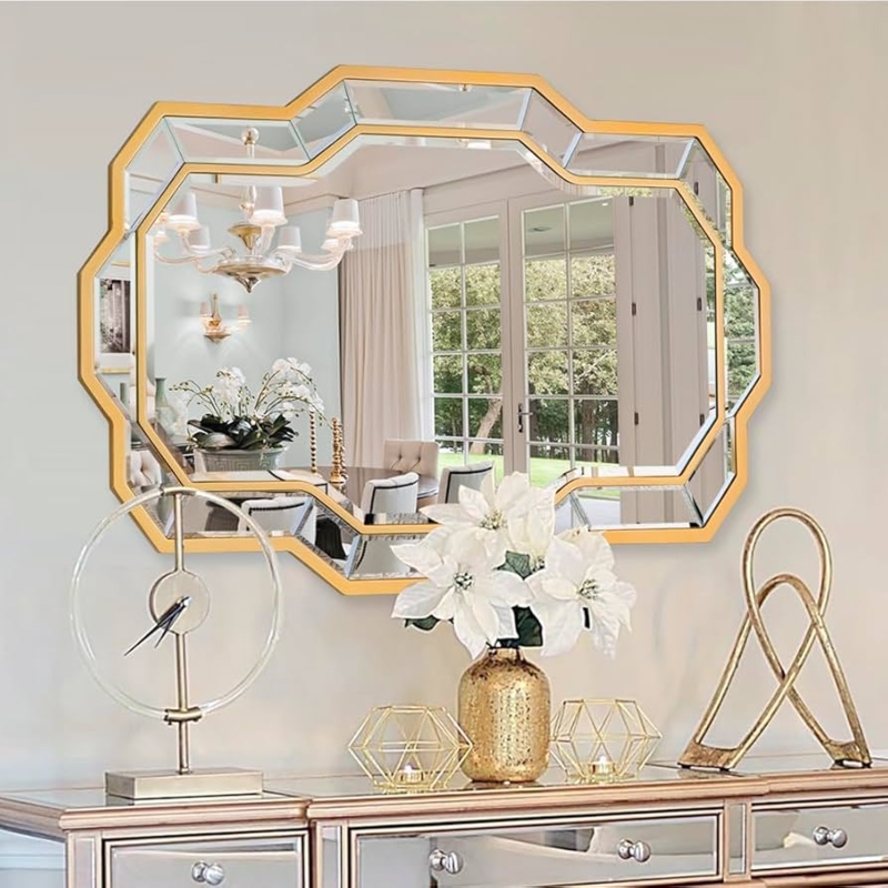 Wall Mirror Faceted Gold Frame Architectural Border Rectangular Modern