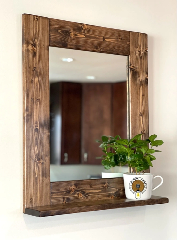 Wall Mirror Farmhouse Rustic Integrated Shelf Dark Wood Grain