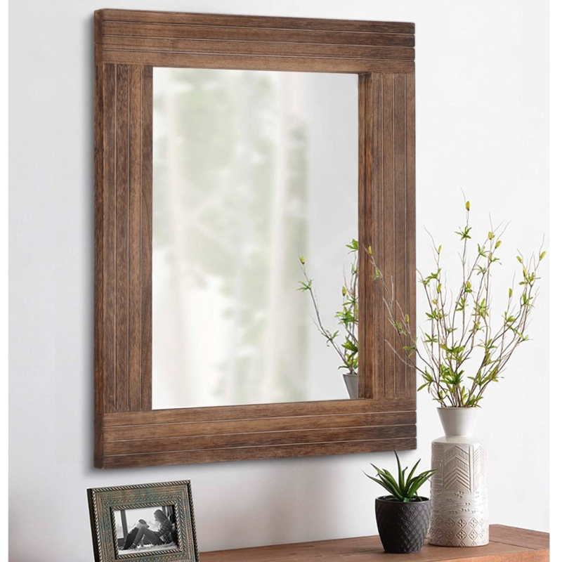 Wall Mirror Farmhouse Thick Wood Frame Dark Brown Rustic Grain