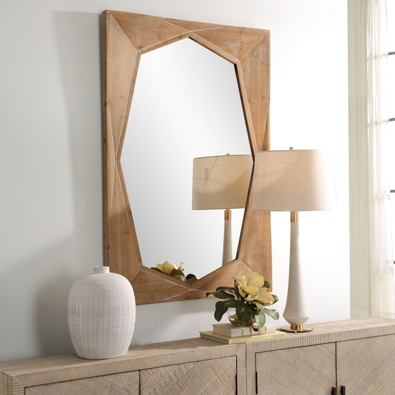 Wall Mirror featuring Round Faceted Frame with Geometric Wood Accents