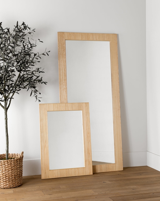 Wall Mirror featuring Scalloped Top Edge and Thick Wood Frame design