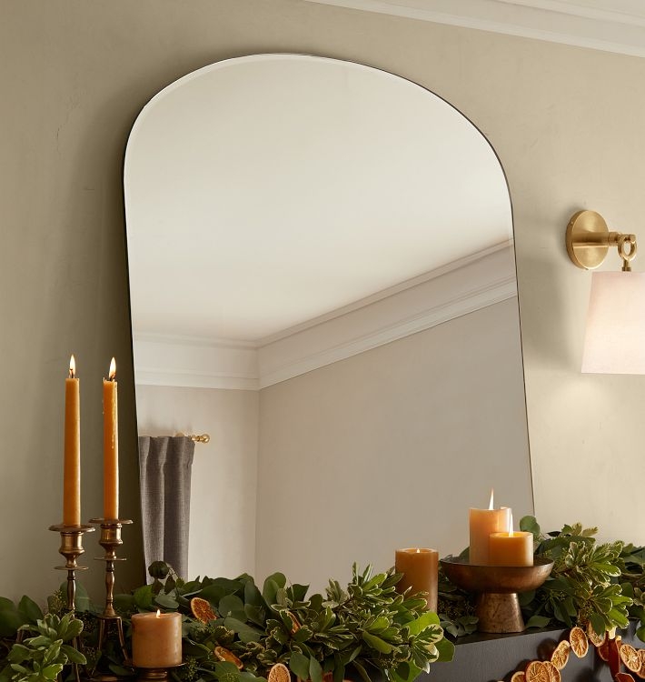 Wall Mirror Frameless Arched Top Brass Accents Transitional Styling