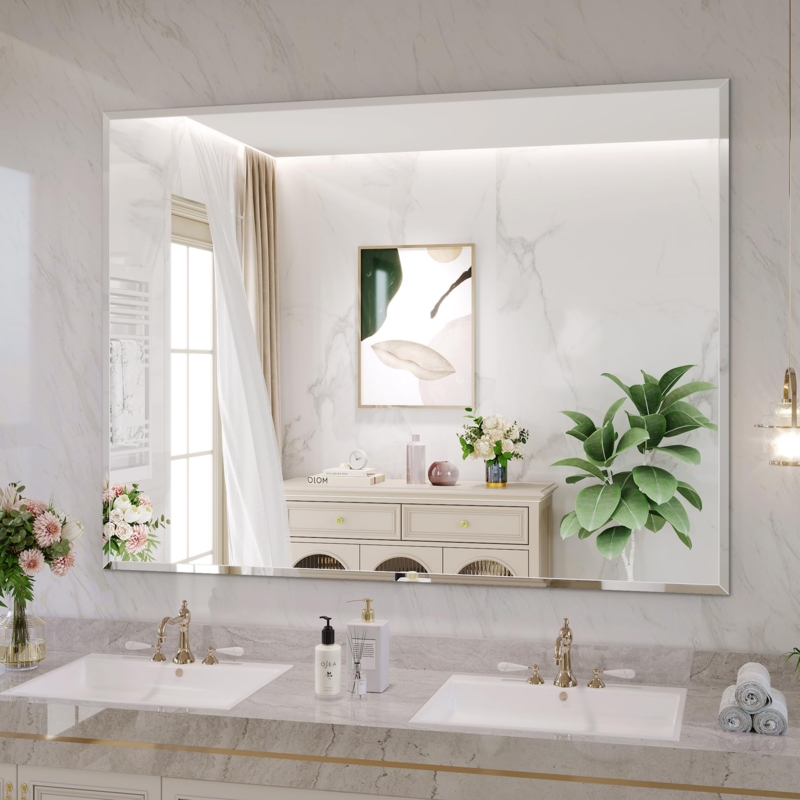 Wall Mirror Frameless Rectangular Beveled Edges Modern Subway Tile
