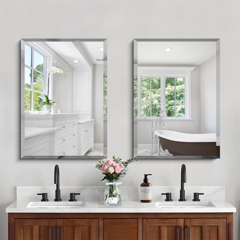 Wall Mirror Frameless Rectangular Polished Beveled Edge Sleek Decor