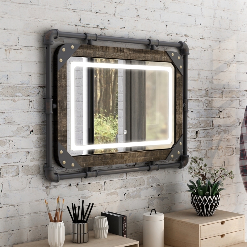 Wall Mirror, Gear Shape Frame, Integrated LED Lights, Antique Copper Finish