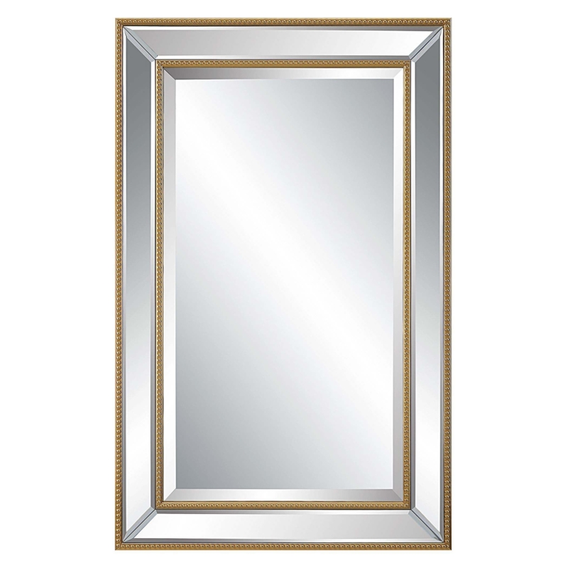 Wall Mirror Gold Beaded Detail Grey Frame Beveled Glass Transitional