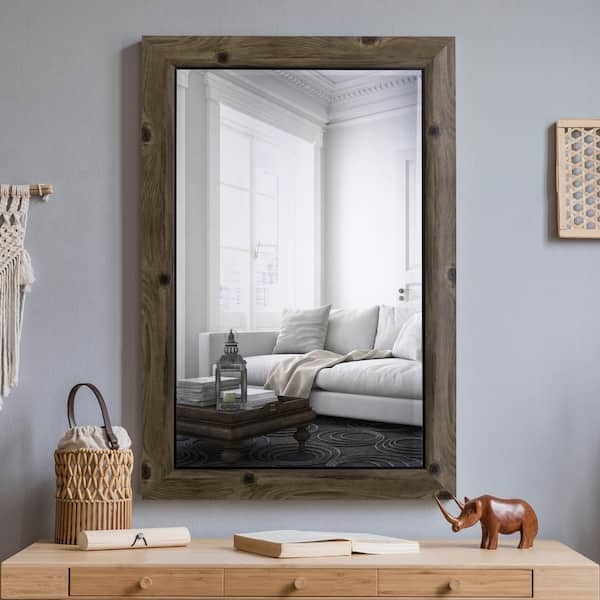 Wall Mirror Gray Wood Grain Dual Tone Black Trim Beveled