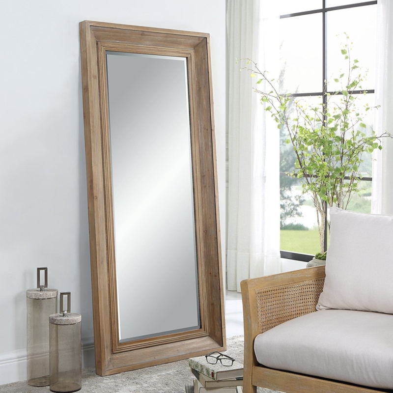 Wall Mirror having Wide Rustic Wood Frame with Heavy Grain Texture