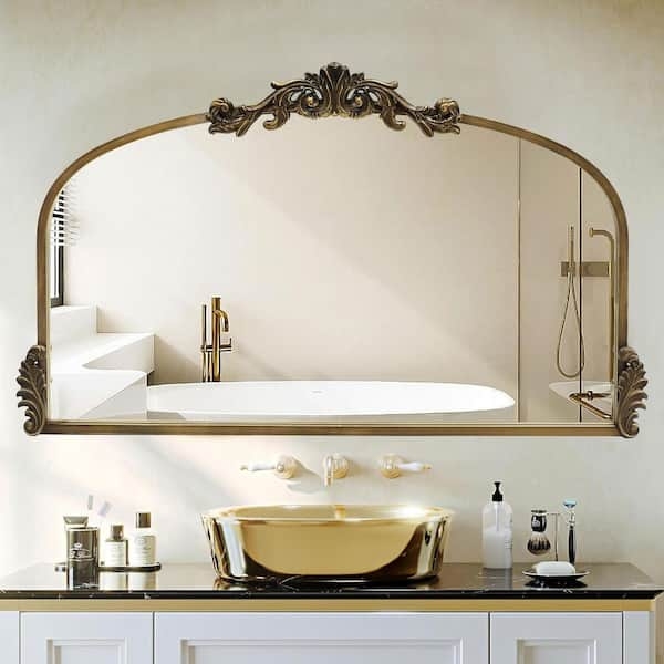 Wall Mirror Horizontal Arched Silhouette Baroque Scrollwork Antique Brass