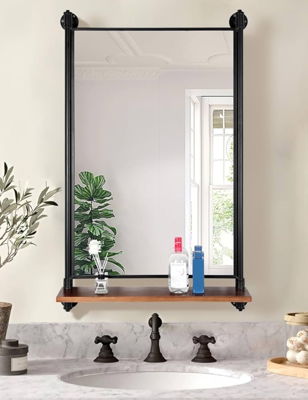 Wall Mirror, Industrial Pipe Rail, Integrated Storage Shelf, Metal Frame