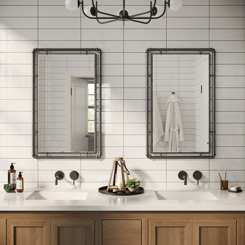 Wall Mirror, Integrated Towel Bar, Grey Metal Frame, Industrial Vanity