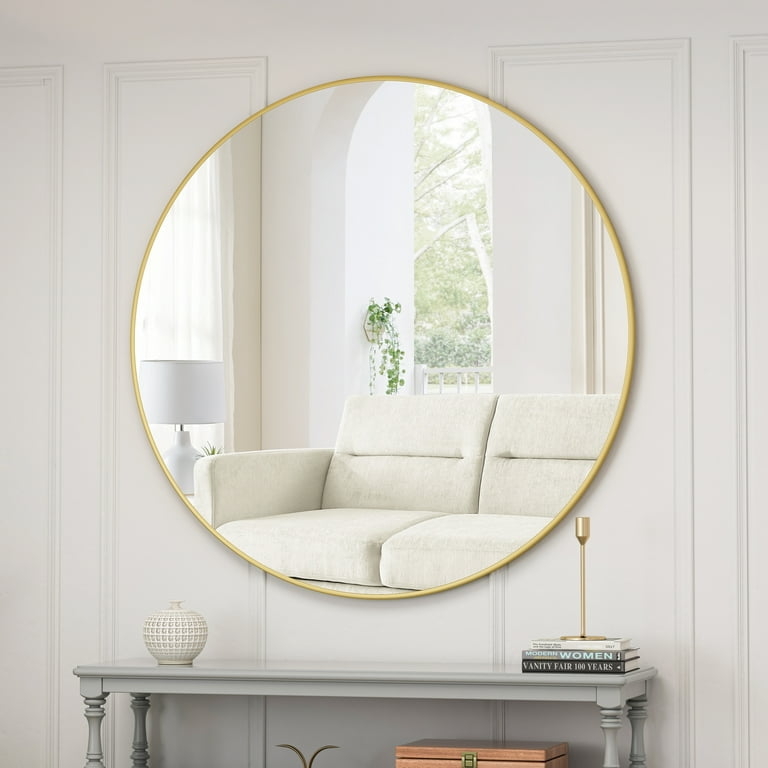 Wall Mirror Large Circular Thin Bezel Brushed Gold Metal Farmhouse