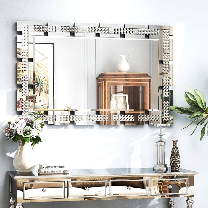 Wall Mirror Large Rectangular Crystal Border Beveled Edge Glam Luxurious