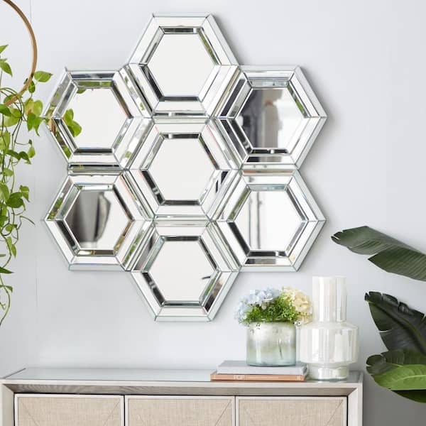Wall Mirror: Large Silver Octagonal Shape with Geometric Honeycomb Frame