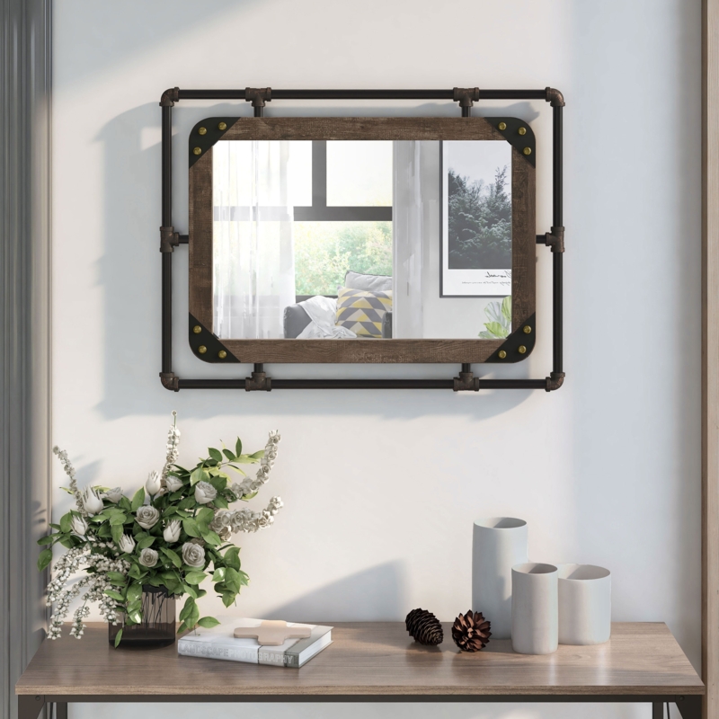 Wall Mirror, Layered Bolted Frame, Industrial Pipe Accents, Wood Toned