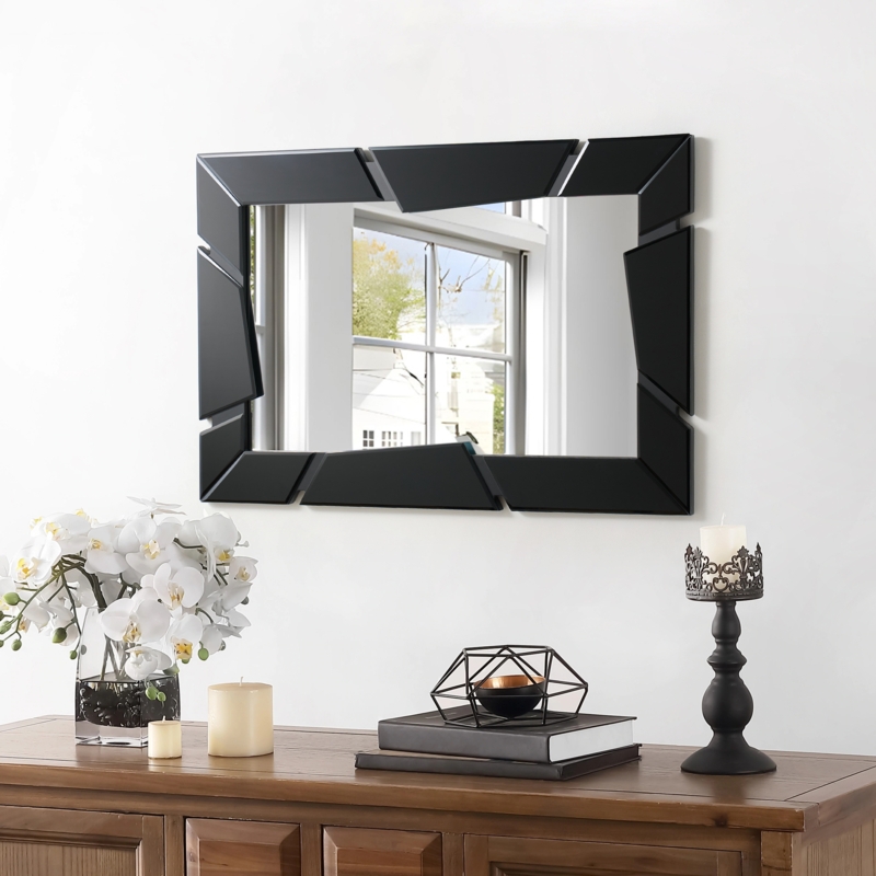 Wall Mirror Matte Black Bezel Slim Engineered Wood Frame Vertical