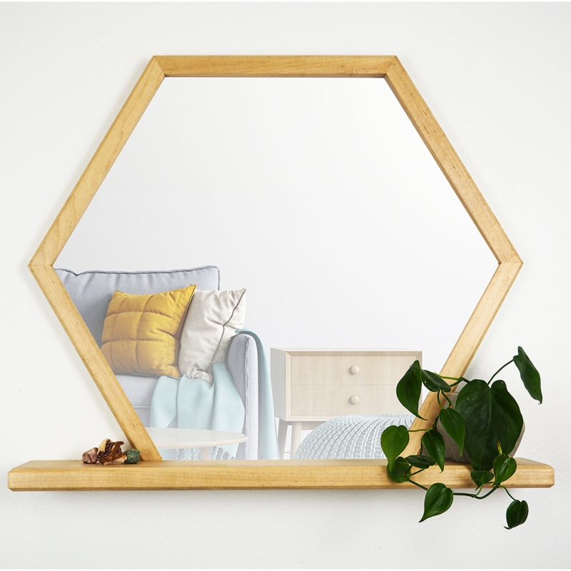 Wall Mirror: Modern Farmhouse Hexagon with Integrated Wood Floating Shelf