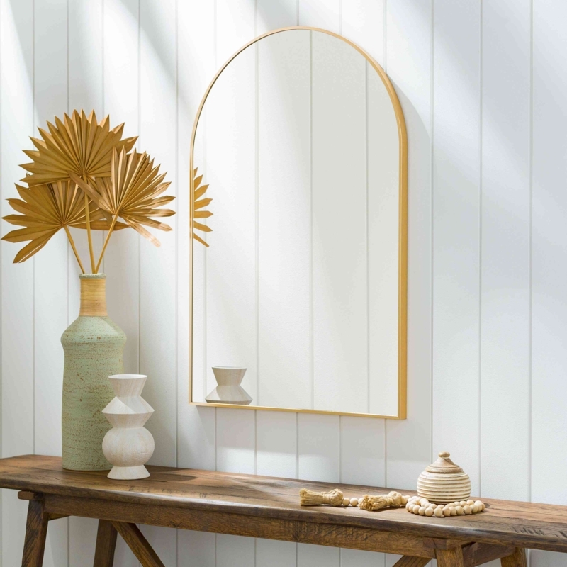 Wall Mirror: Modern Glam Brushed Aluminum Frame Arched Crowned Top
