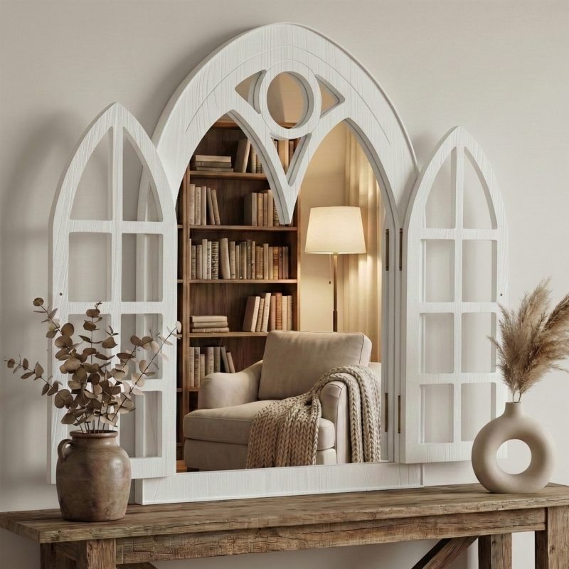 Wall Mirror: Natural Wood Tone Window Pane Grid Arched Top Farmhouse