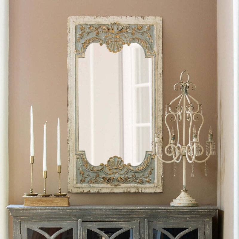 Wall Mirror: Ornate Carved Frame with Distressed Blue Finish