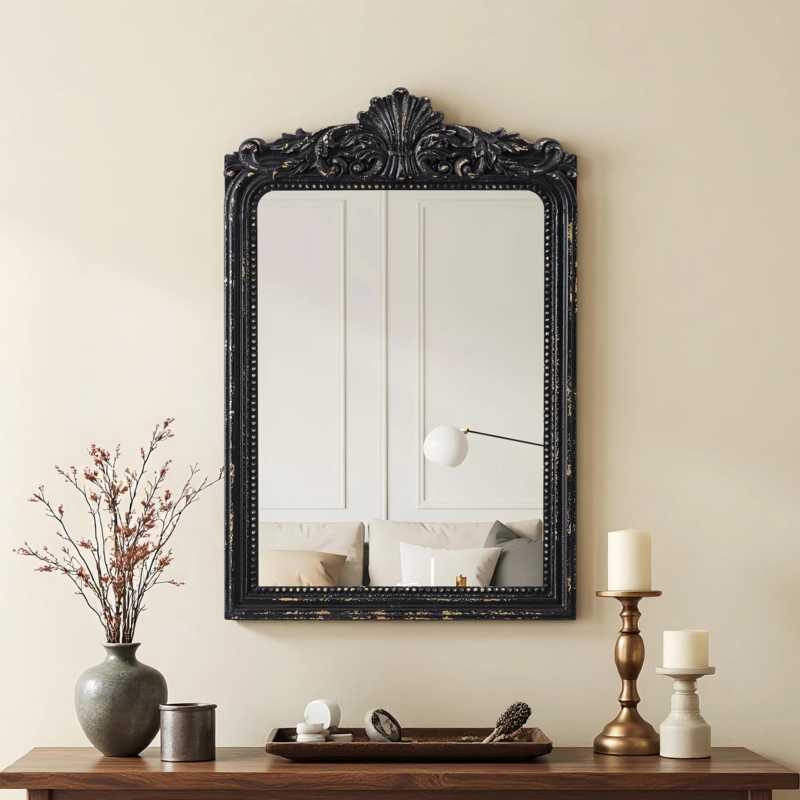 Wall Mirror Ornate Crest Arched Top Beaded Trim Gothic Decor