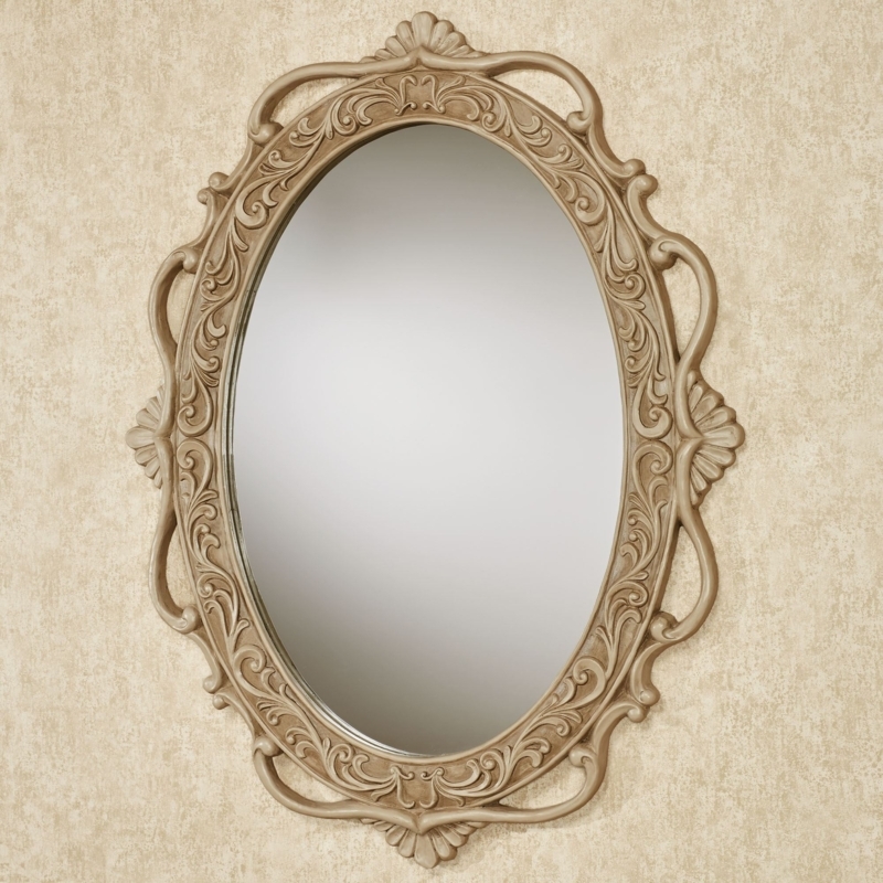 Wall Mirror: Ornate Oval Scrollwork Distressed Taupe