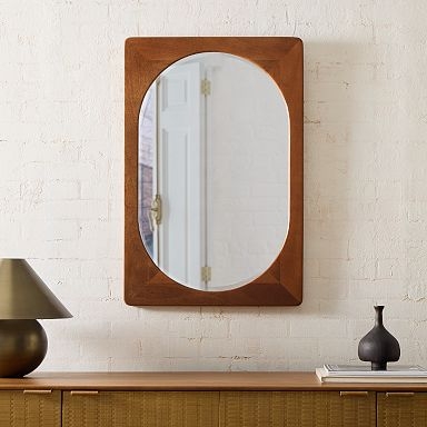 Wall Mirror Oval Cutout Mixed Geometry Mid-Century Modern Wood