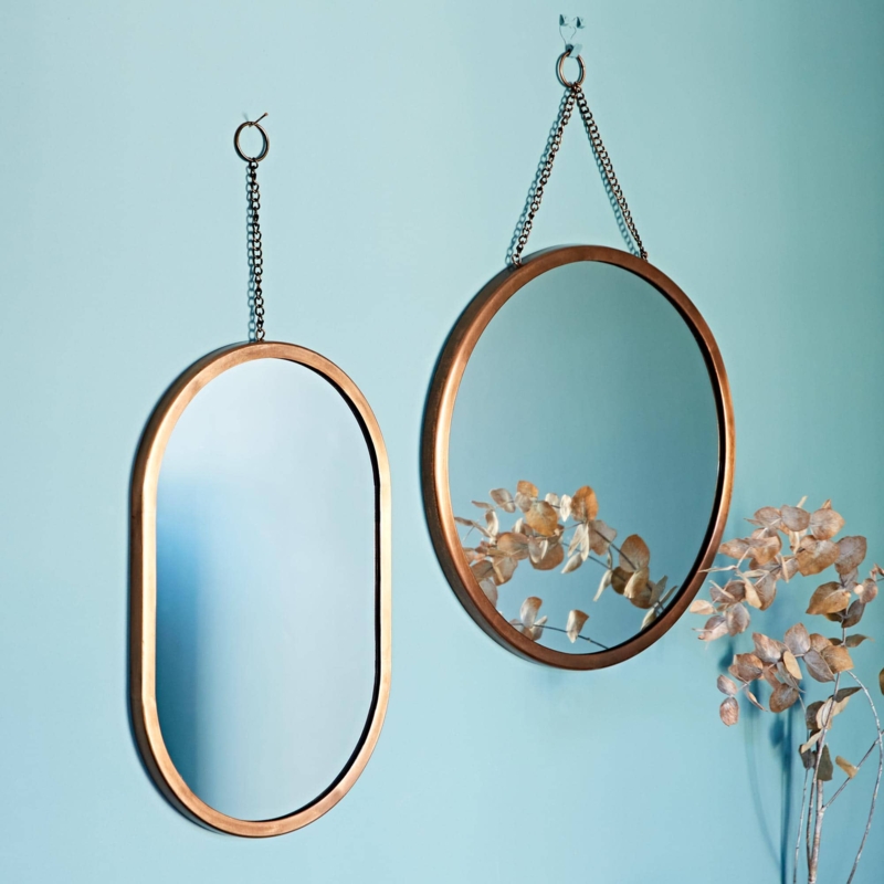 Wall Mirror Oval Hanging Chain Antique Copper Finish Industrial