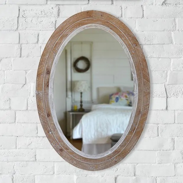 Wall Mirror Oval Shape Chunky Beveled Frame Heavily Distressed Finish