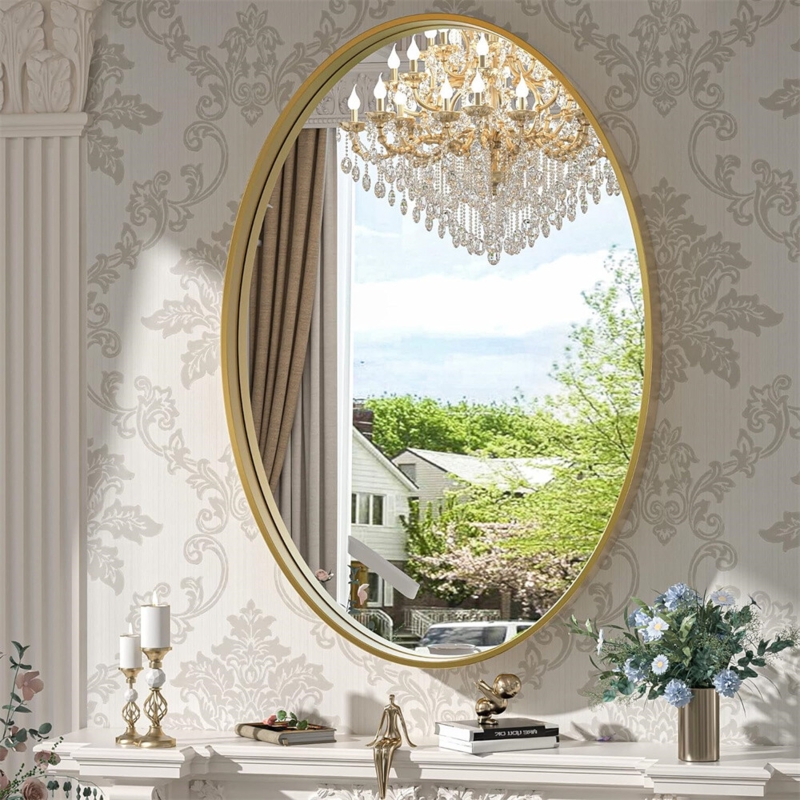 Wall Mirror Oval Silhouette Brushed Finish Slim Frame Modern Bathroom