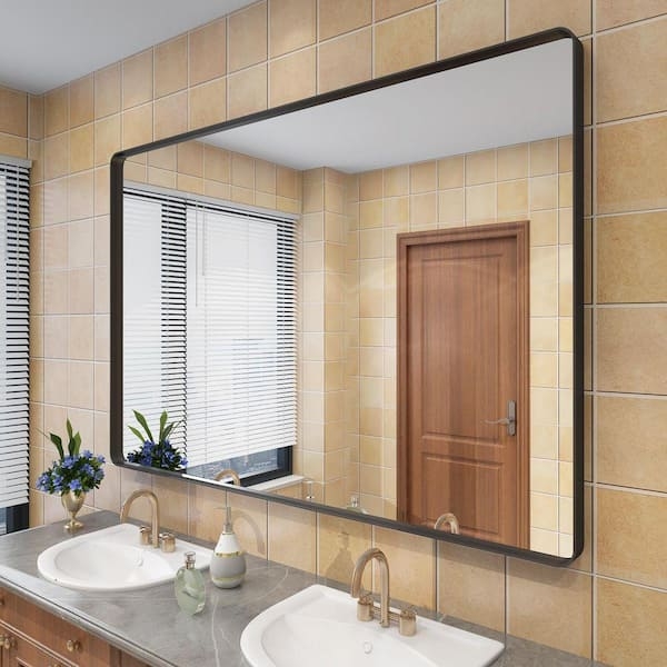 Wall Mirror Oversized Rounded Corners Matte Black Frame Modern Bath