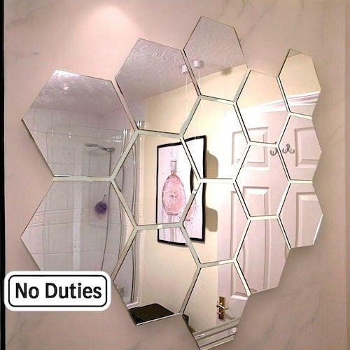 Wall Mirror Pack: Ten Frameless Silver Hexagon Tiles Geometric Cluster