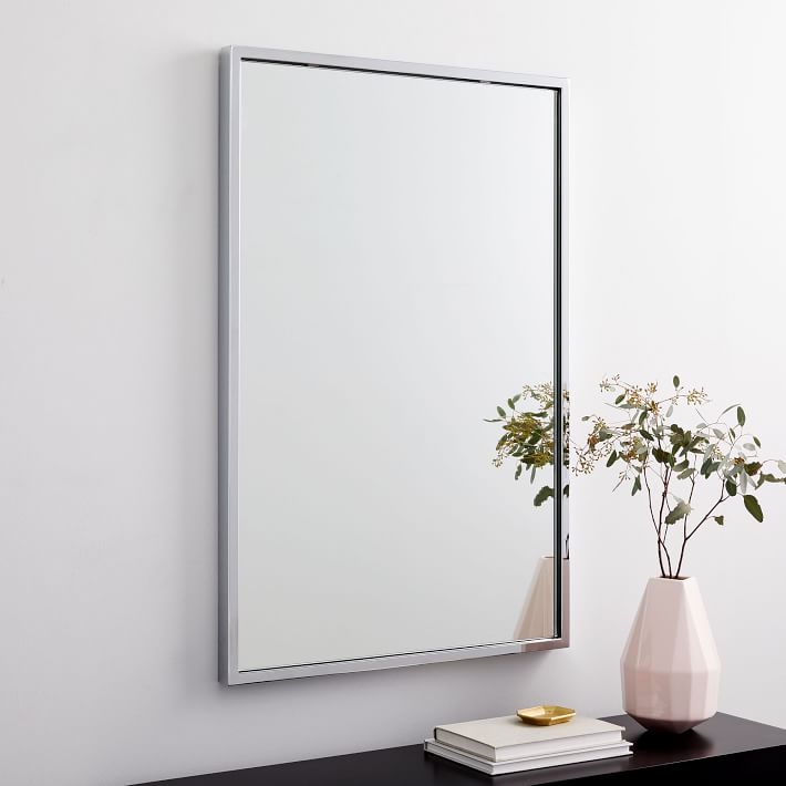 Wall Mirror Polished Nickel Finish, Slender Frame Rectangular Mirror