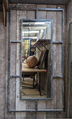 Wall Mirror, Reclaimed Railing Frame, Vertical Metal Bars, Oversized Rugged