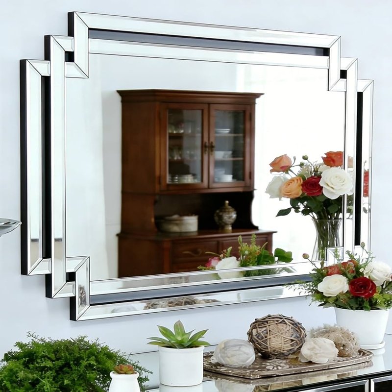 Wall Mirror Rectangular Beveled Mosaic Frame Modern Glam Style Large