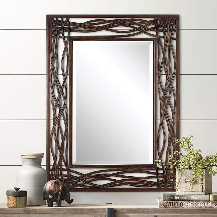Wall Mirror Rectangular Ribbed Mocha Brown Wide Profile Linear Texture