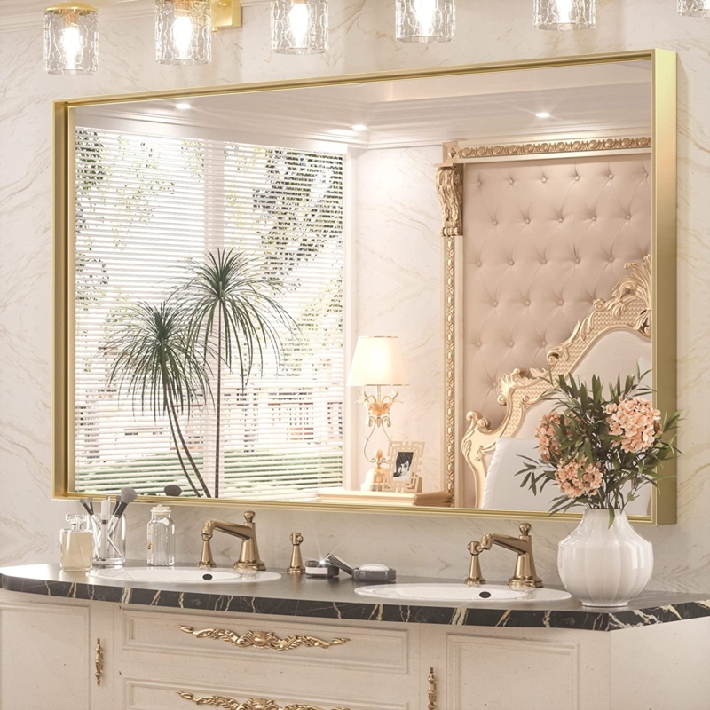 Wall Mirror Rectangular Shape Slim Frame Gold Metal Large Format Modern Bathroom