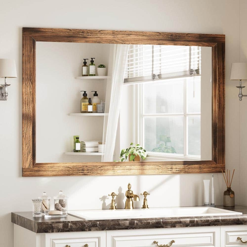 Wall Mirror Rectangular Vertical Dark Brown Wood Flat Profile