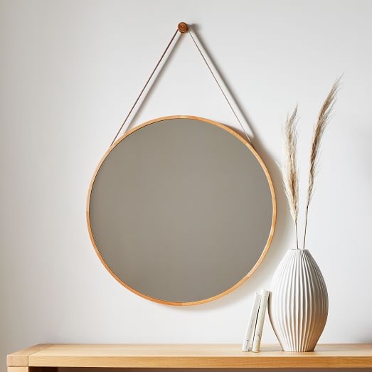 Wall Mirror Round Hanging Strap Natural Wood Tan Leather Minimalist
