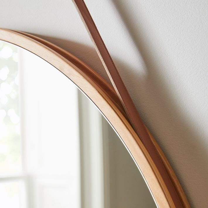 Wall Mirror Round Leather-Like Strap Minimalist Frame Tan Scandinavian