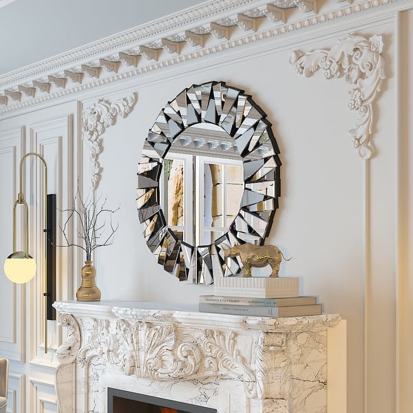 Wall Mirror Round Multi Faceted Frame Mosaic Texture Shimmering Contemporary