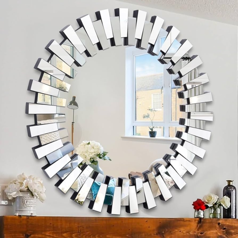 Wall Mirror Round Radial Segmented Design Beveled Glass Frame Glam