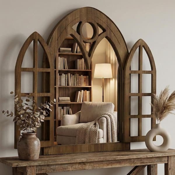 Wall Mirror Round Reddish Brown Segmented Frame Satin Finish
