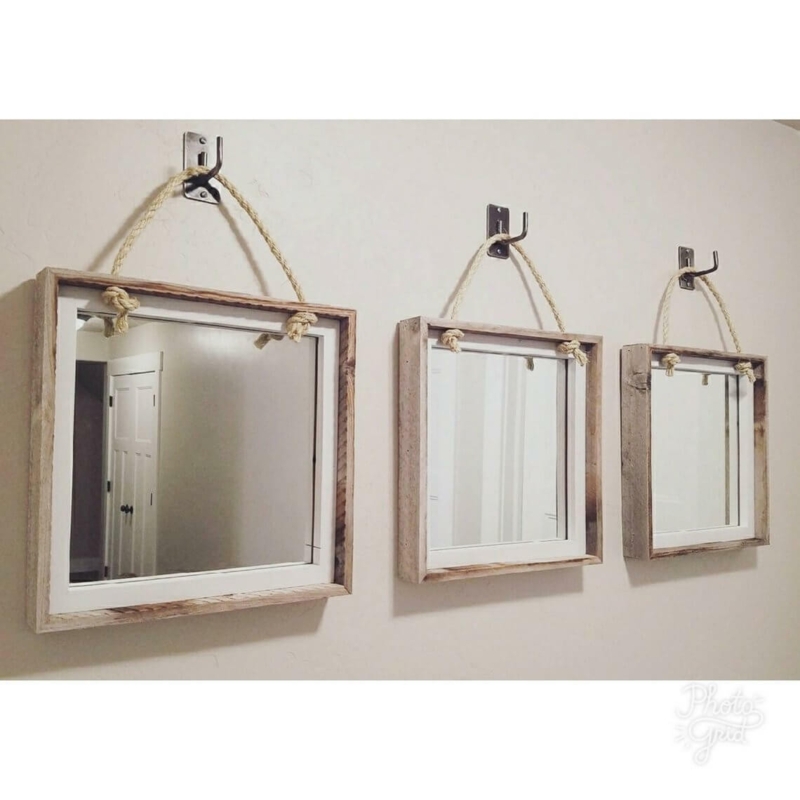 Wall Mirror Round Set of Three Distressed Frames Thick Rope Hanger