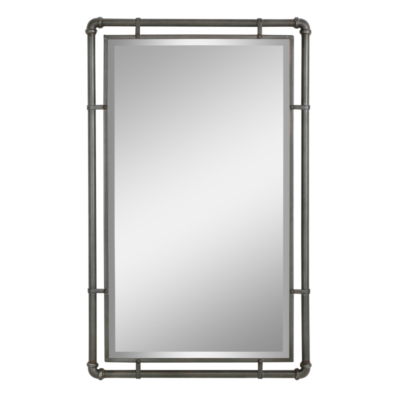 Wall Mirror, Round Silhouette, Cog Border Frame, Distressed Gray Metal