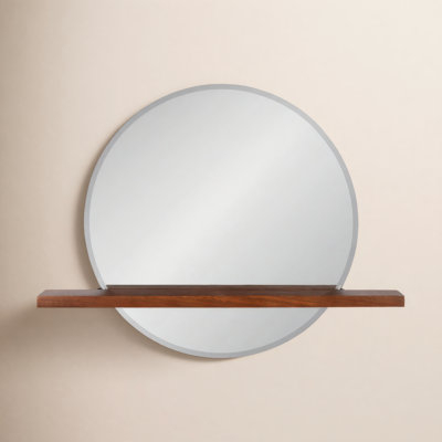 Wall Mirror Round Silhouette Integrated Shelving Wood Toned
