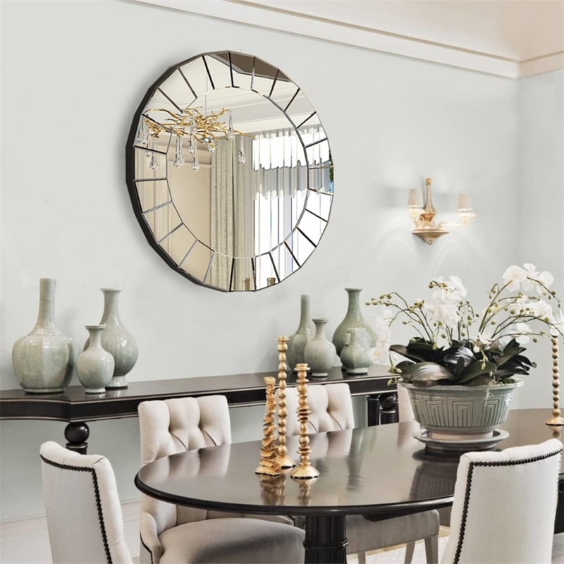 Wall Mirror Round Venetian Etched Glass Frame Scalloped Edge Floral
